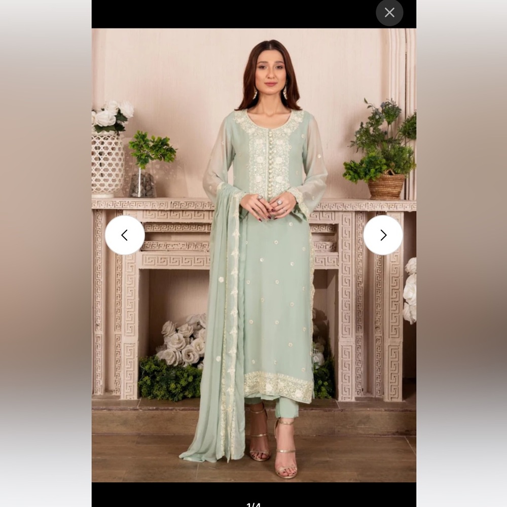 Pakistani Indian Bollywood Elegant Mint Green Embroidered Suit duputta trousers